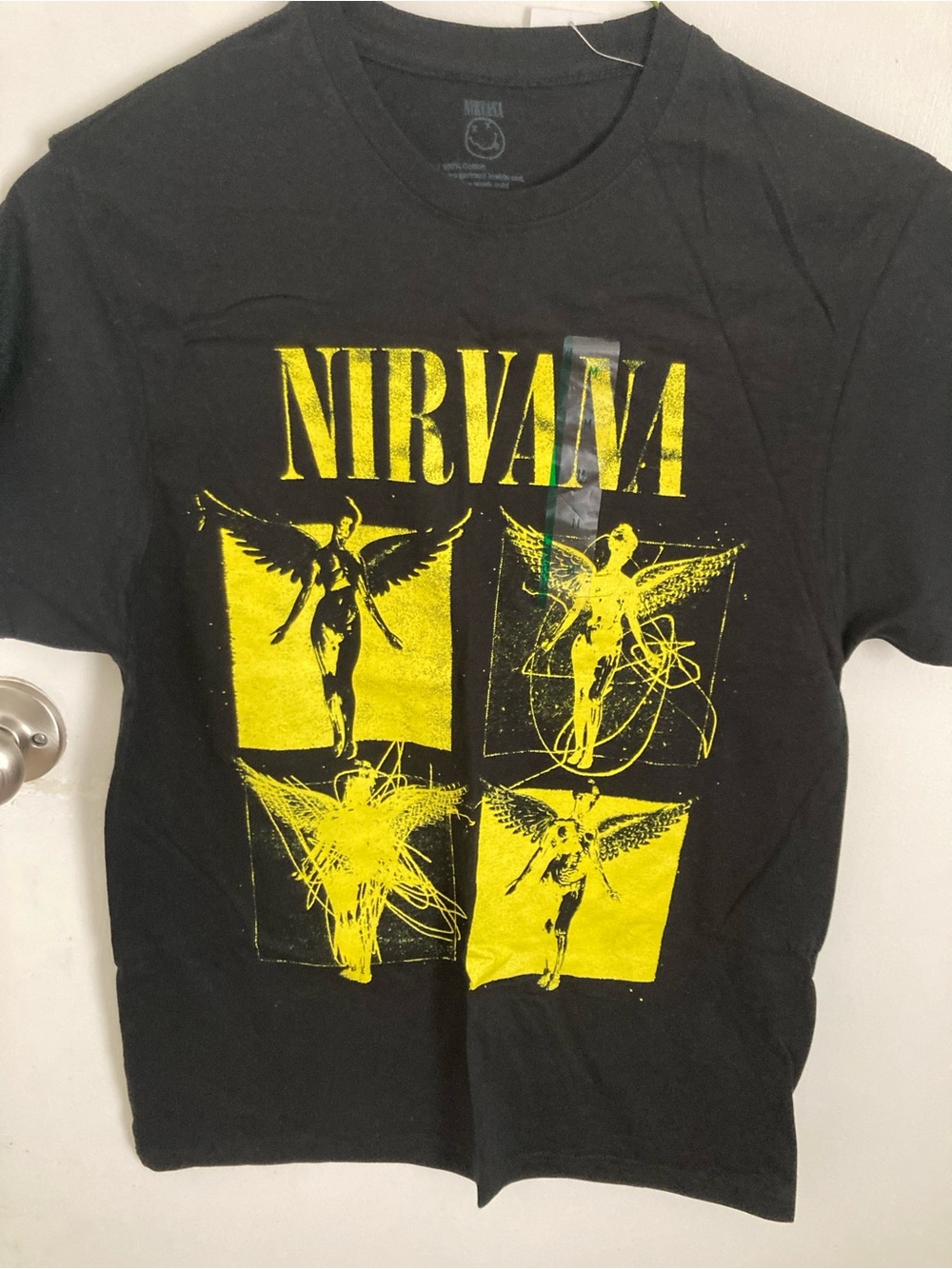 NIRVANA Black Tee with Bold Yellow Angel Panels